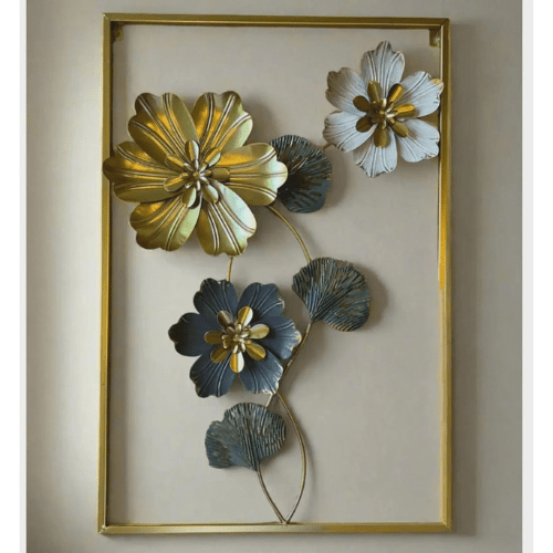 7568162652237 Rectangular Metal Flower Wall Art – Modern 3D Floral Metal Wall Hanging for Home & Office Decor