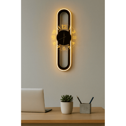  7566393081933 AuraClock 2-in-1 Vertical & Horizontal Wall Clock – Neon Light Ambiance for Home & Office 
