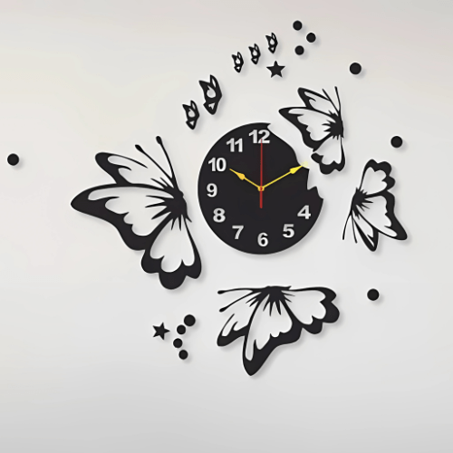  7569727488077 Butterflies with Stars Wall Clock – Modern 3D Decorative Clock for Living Room & Bedroom 