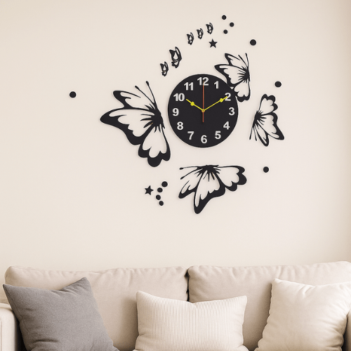  7569727488077 Butterflies with Stars Wall Clock – Modern 3D Decorative Clock for Living Room & Bedroom 