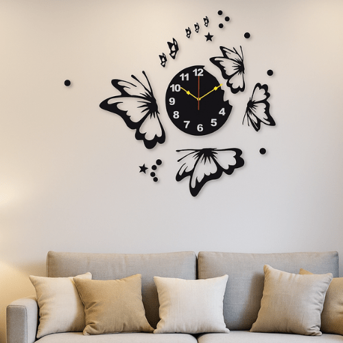  7569727488077 Butterflies with Stars Wall Clock – Modern 3D Decorative Clock for Living Room & Bedroom 
