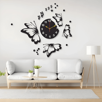  7569727488077 Butterflies with Stars Wall Clock – Modern 3D Decorative Clock for Living Room & Bedroom 