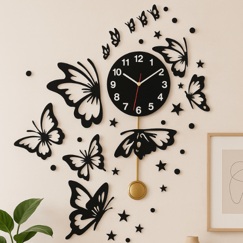  7569727488077 Butterflies with Stars Wall Clock – Modern 3D Decorative Clock for Living Room & Bedroom 