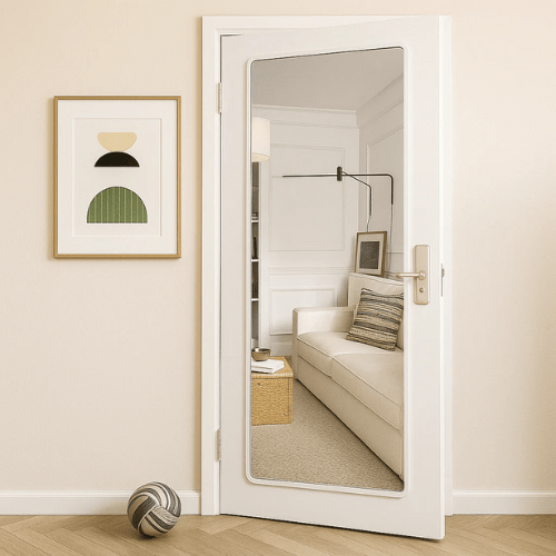 Full-length mirror on a white door with a reflection of a living room.