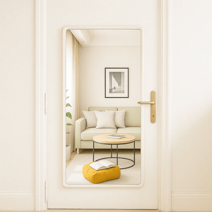 Framed mirror on a door showing a living room with a sofa and coffee table.