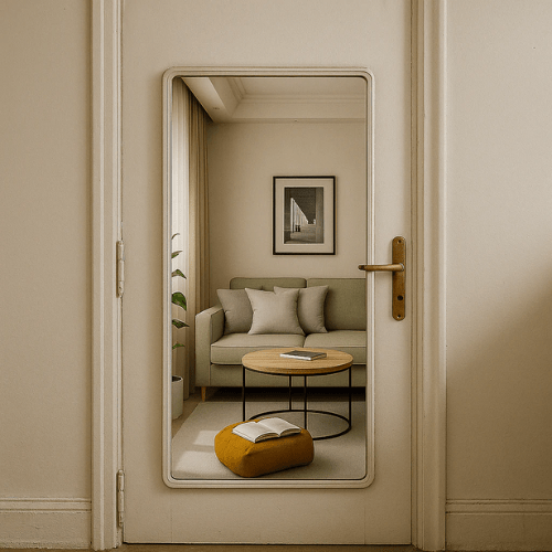 Decorative mirror on a door showing a living room reflection