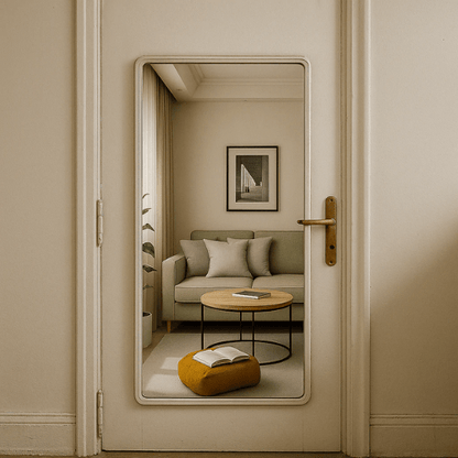 Decorative mirror on a door showing a living room reflection