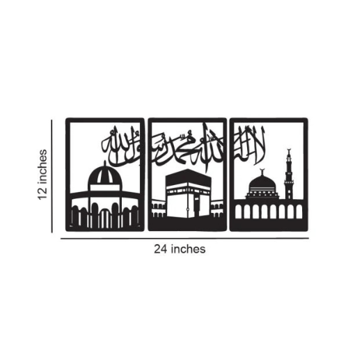 Three black silhouette designs of religious buildings with measurements on a white background