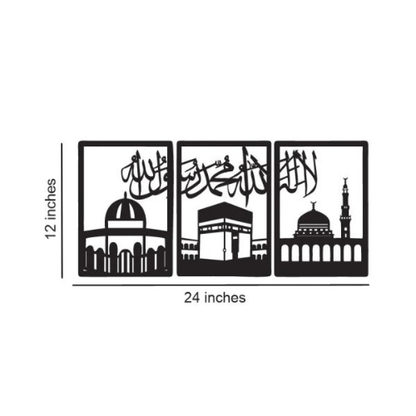 Three black silhouette designs of religious buildings with measurements on a white background