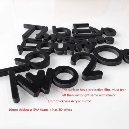Black 3D letters and numbers on a white background with text about material thickness.