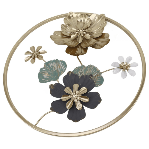  7567794700365 Luxury Golden Round Metal Flower Wall Art – Imported Decorative Frame for Modern Interiors 