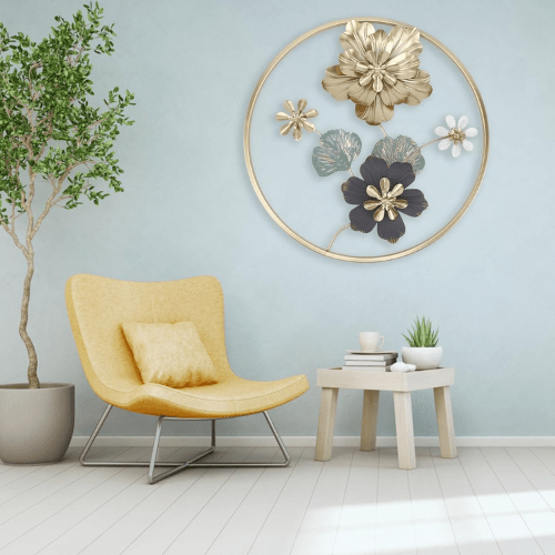 7567794700365 Luxury Golden Round Metal Flower Wall Art – Imported Decorative Frame for Modern Interiors 