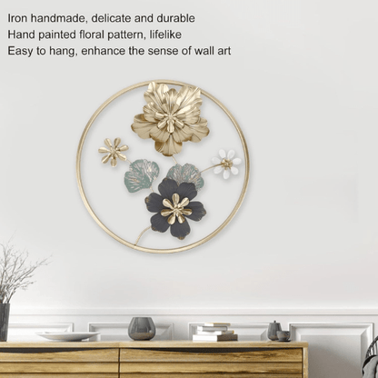  7567794700365 Luxury Golden Round Metal Flower Wall Art – Imported Decorative Frame for Modern Interiors 