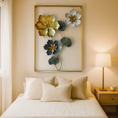  7568162652237 Rectangular Metal Flower Wall Art – Modern 3D Floral Metal Wall Hanging for Home & Office Decor 