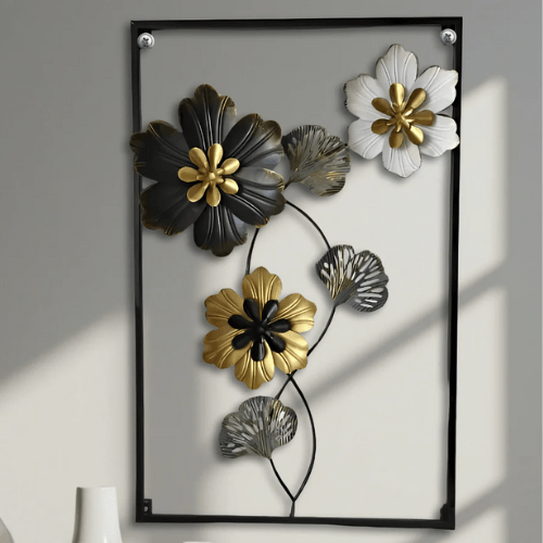  7568162652237 Rectangular Metal Flower Wall Art – Modern 3D Floral Metal Wall Hanging for Home & Office Decor 
