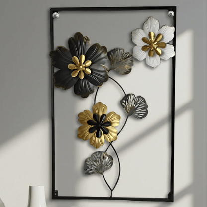  7568162652237 Rectangular Metal Flower Wall Art – Modern 3D Floral Metal Wall Hanging for Home & Office Decor 