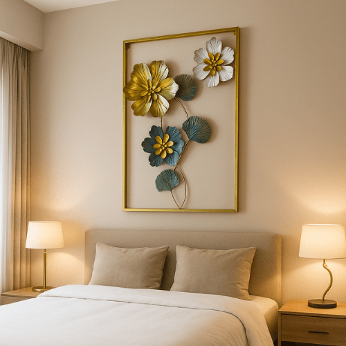  7568162652237 Rectangular Metal Flower Wall Art – Modern 3D Floral Metal Wall Hanging for Home & Office Decor 