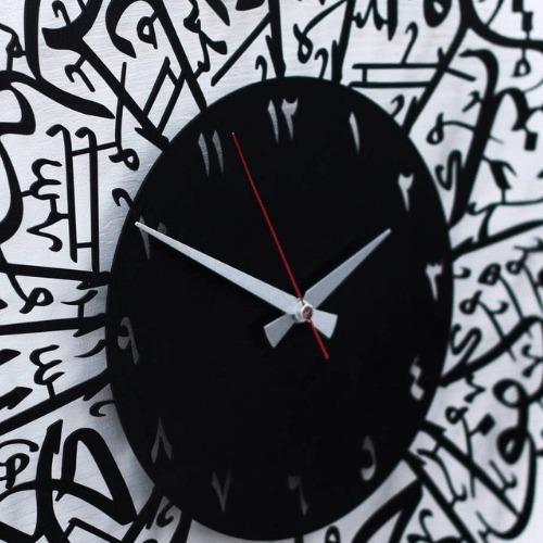 Black wall clock with white hands on a white background with black abstract patterns